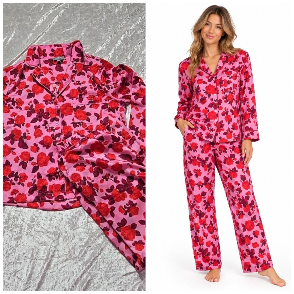 LOFT Satin Notch Pink Red Flower Pajama Set Size Large